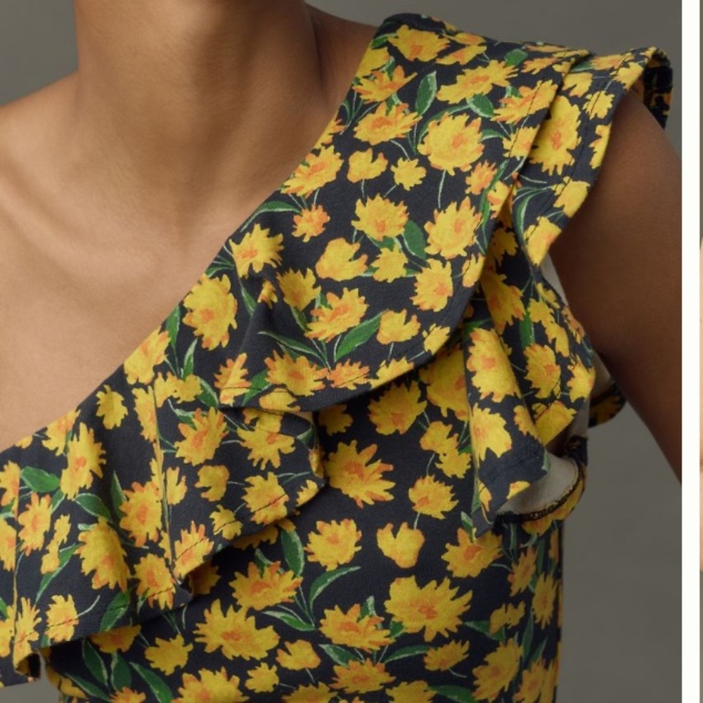 Anthropologie Maeve One-Shoulder Ruffled Top NWT Medium Floral Yellow Flowers - Picture 6 of 11